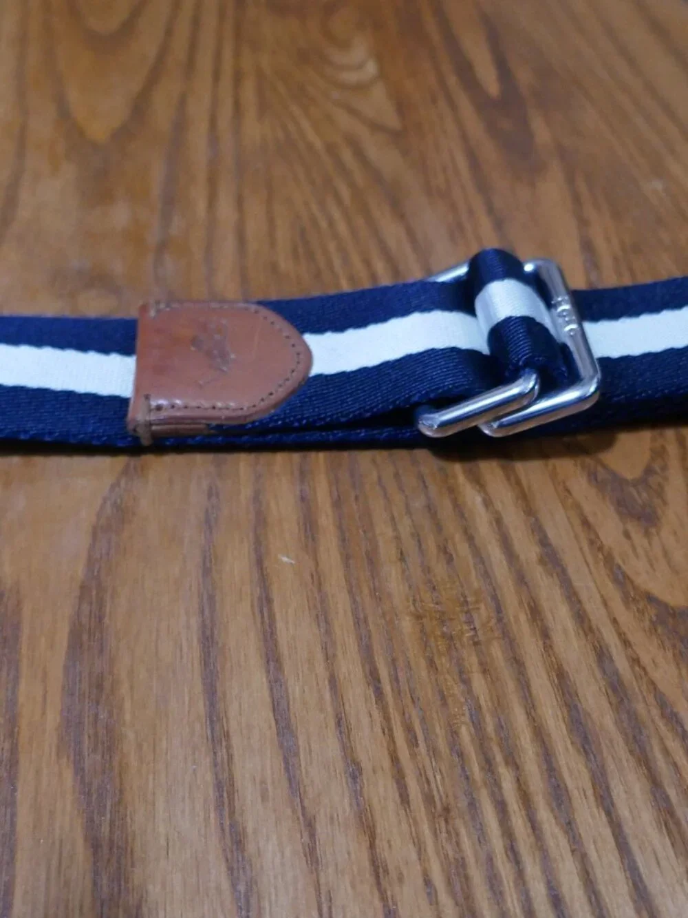 Polo Ralph Lauren Navy and White Striped Fabric Webbed Belt Leather Trim 42